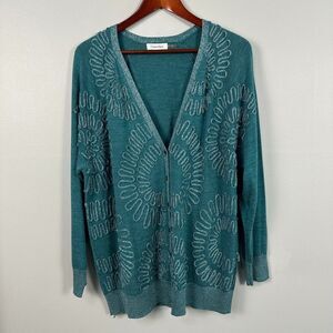 Calvin Klein Womens 1x Wool Blend Cardigan Sweater Metalic Teal Button Fall